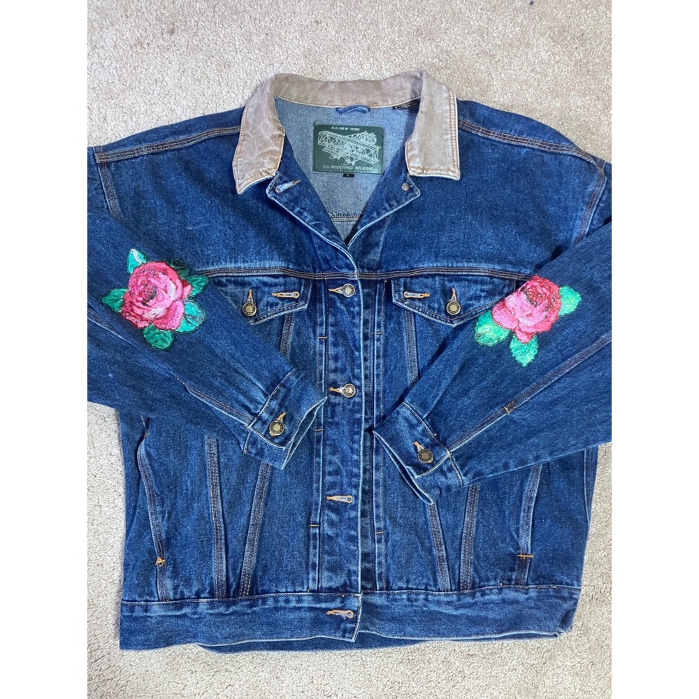 RD New York Vintage Denim Trucker Jacket Leather Collar Rose Embroidery Large